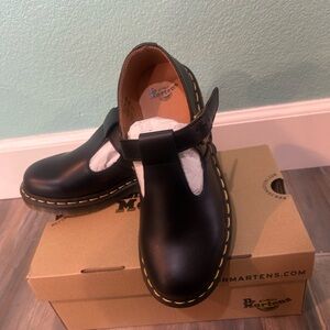 Dr. Martens Black Leather Mary Jane Flats with Yellow Stitching